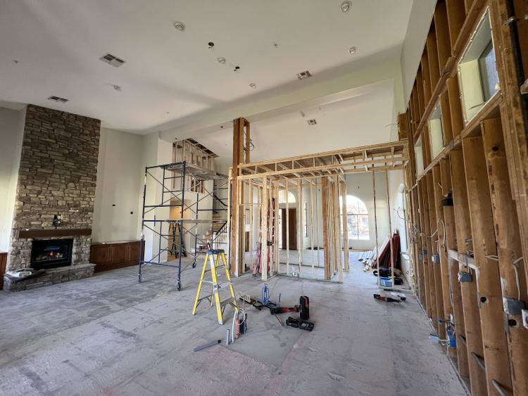 Electrical rough-in wiring and boxes installed in wall studs during new construction by Gilmore Electrical in Saint Louis, MO