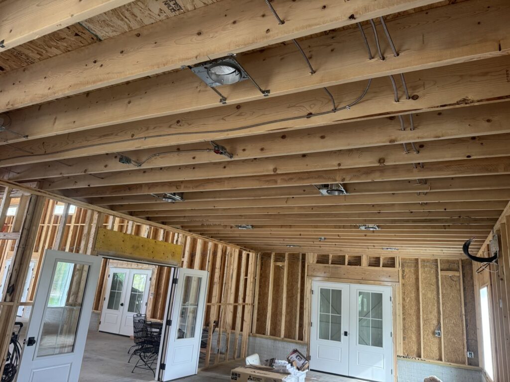 Electrical rough-in for recessed lighting and wiring in a new construction ceiling by TF Electrical Solutions in Omaha, NE.