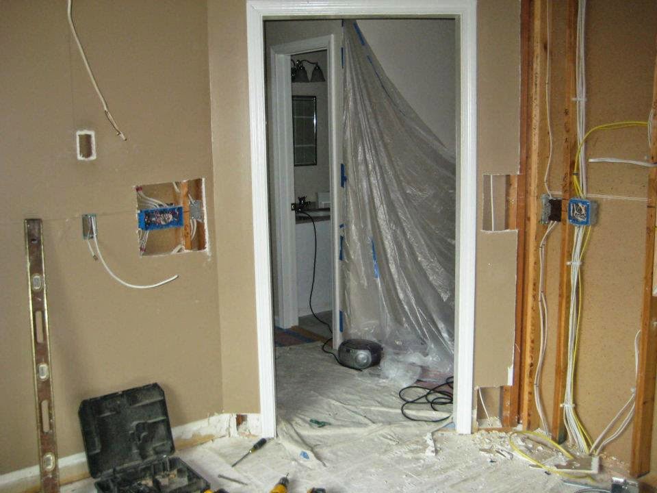 Exposed electrical rough-in wiring in walls during construction by Barrios Electric LLC in Norwalk, CT.