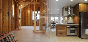 Before and after of electrical rough-in wiring during construction and a finished kitchen remodel by WilPower Electrical Services in Charlotte, NC.