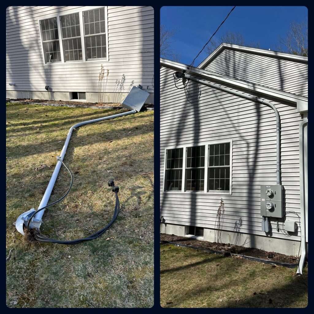 Before and after of an electrical service mast repair completed by Breakers Electric LLC in Dover, NH.