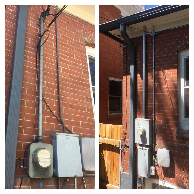 Before and after view of an electrical service upgrade on a brick building by Mile High Electric in Denver, CO