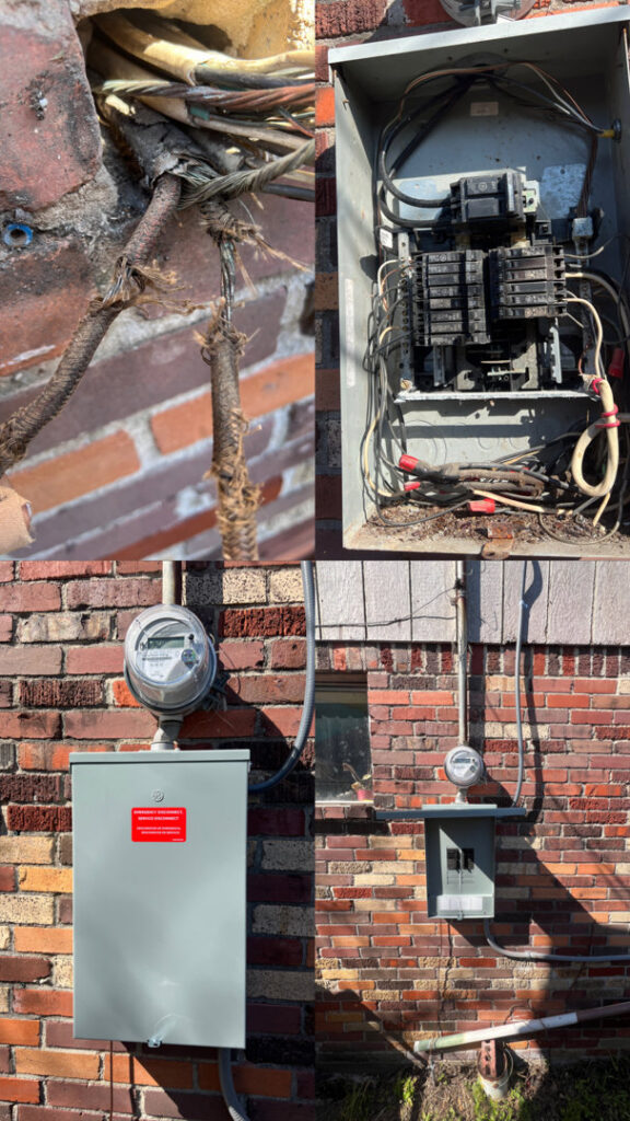 A collage showing damaged electrical wiring, an open breaker panel, and new outdoor electrical service installations by Llanos Electric Builders in Houston, TX.