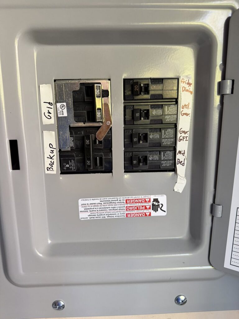 An open electrical sub-panel showing circuit breakers for grid and backup power by TJAM Electric in Springtown, TX.