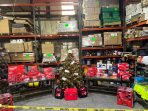A well-stocked warehouse with electrical wires, tools, and supplies for Hannon Electric Inc. in South Easton, MA.