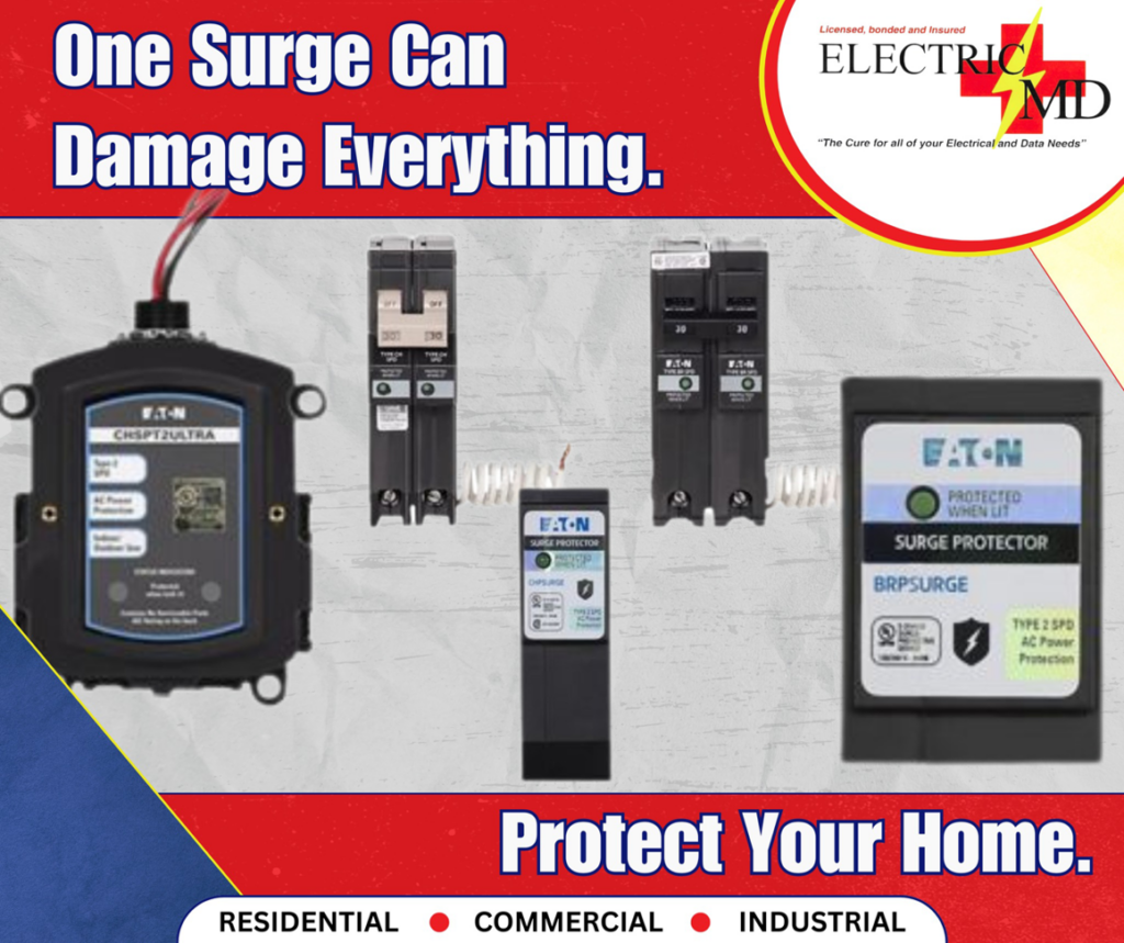 Various electrical surge protectors and circuit breakers for home protection services by Electric MD in St. Charles, MO.