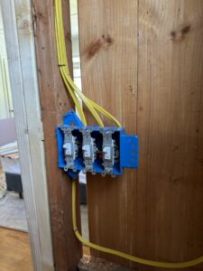 Electrical switches and wiring during the rough-in phase of a residential project by Rudis Electrical LLC in Scranton, PA.