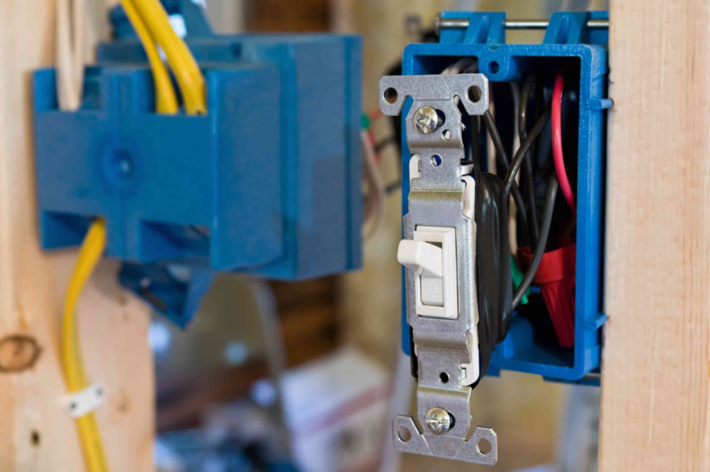 Close-up of electrical wiring and a light switch being installed in a blue box by Jack-O-Lantern Electric in Knoxville, TN.