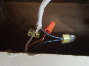 Close-up of electrical wire connections using Wago connectors and wire nuts by BMB ELECTRIC LLC in Columbus, OH.