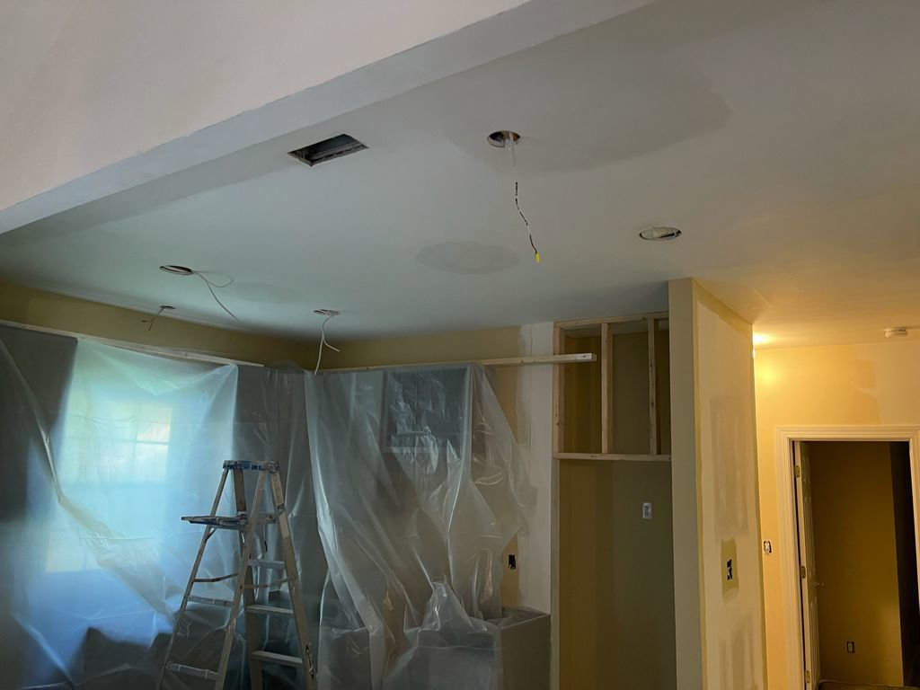 Electrical wiring for ceiling fixtures and recessed lighting during a renovation by Denny Power Solutions in Virginia Beach, VA