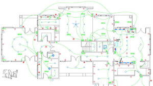 An electrical wiring diagram and floor plan for a home, showing speaker and TV outlets, by Northern Lights Electric Company in Sheridan, WY.