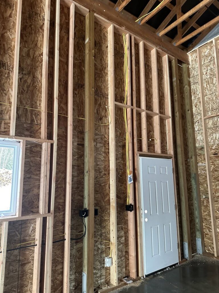 Electrical wiring and outlet boxes installed within wall studs during construction by Sunrise Electric LLC in Kalispell, MT.