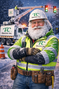 An electrician in a bucket truck performing utility work for TC Electric, Inc in Indianapolis, IN, during winter.
