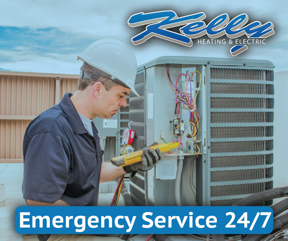 An electrician from Kelly Heating & Electric, LLC checking an outdoor AC unit with a multimeter in Eau Claire, WI.