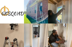 A collage showing Gksquad electricians performing wiring, panel installation, and exterior electrical work in Columbia, SC.