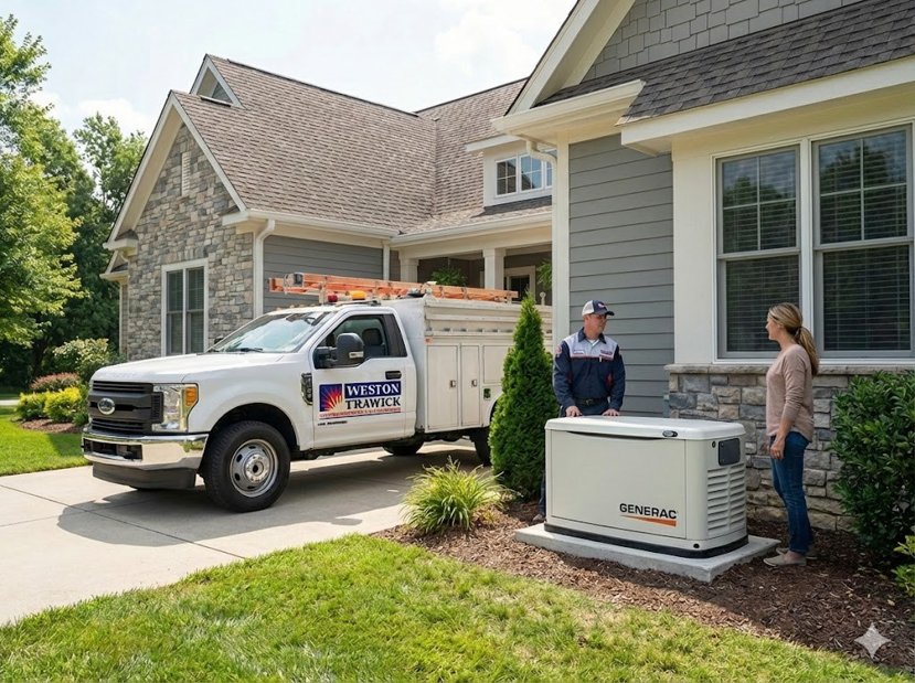 An electrician from Weston Trawick, Inc. discusses generator installation with a client in Tallahassee, FL, with a service truck nearby.
