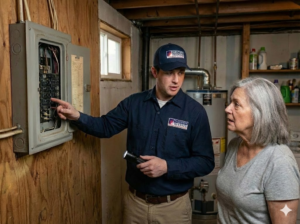 An electrician from Weston Trawick, Inc. explains an electrical panel to a homeowner in Tallahassee, FL.