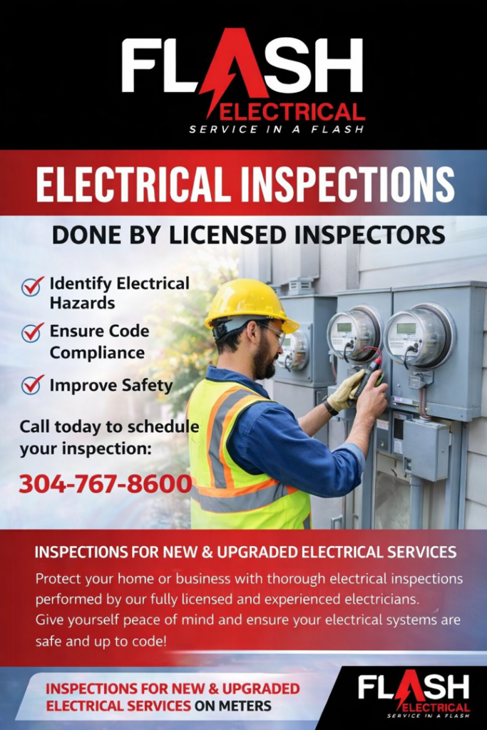 An electrician in a hard hat and safety vest inspecting outdoor electrical meters for Flash Construction in Winifrede, WV.