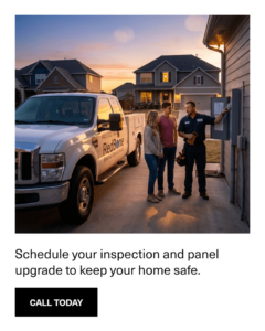 An electrician inspecting an outdoor electrical panel with homeowners for Redbone Electrical Contractors in Oklahoma City, OK.