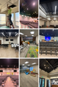 An electrician from Pine Valley Electric, Inc. installing ceiling lights in a commercial building in Parker, CO.