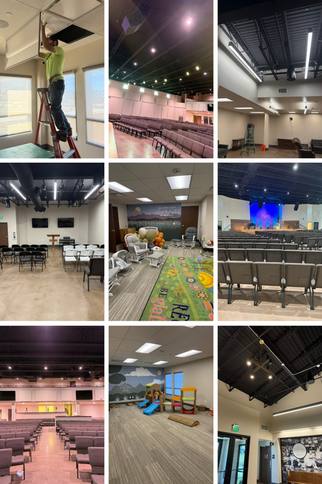 An electrician from Pine Valley Electric, Inc. installing ceiling lights in a commercial building in Parker, CO.