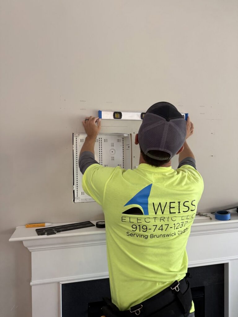 An electrician from Weiss Electric LLC installing an electrical box above a fireplace mantel in Saint Charles, MO.