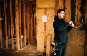 An electrician installing electrical wiring in a framed wall during construction by Mountain Coast Electric in Salem, OR