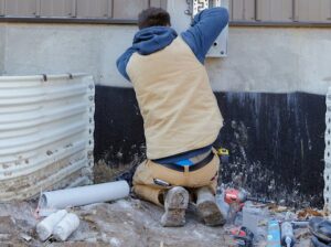 An electrician installing an electrical box on an exterior wall for Pure Light Electric in Kansas City, MO.