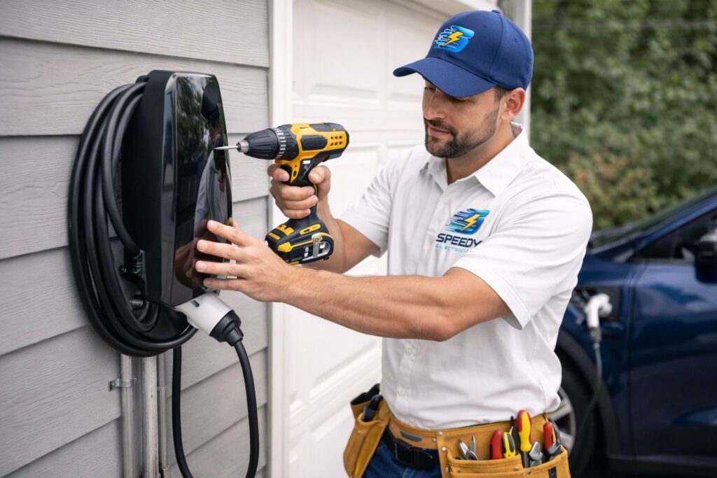 An electrician from Detroit Speedy Electrician installing an outdoor EV charging station in Detroit, MI.