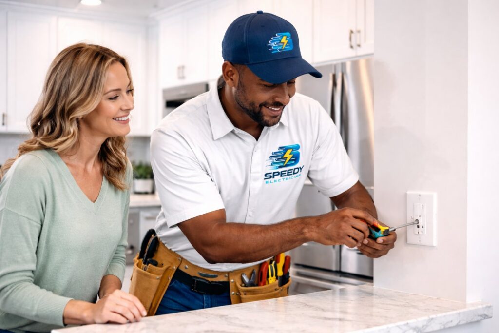 An electrician from Detroit Speedy Electrician installing an electrical outlet for a client in Detroit, MI.