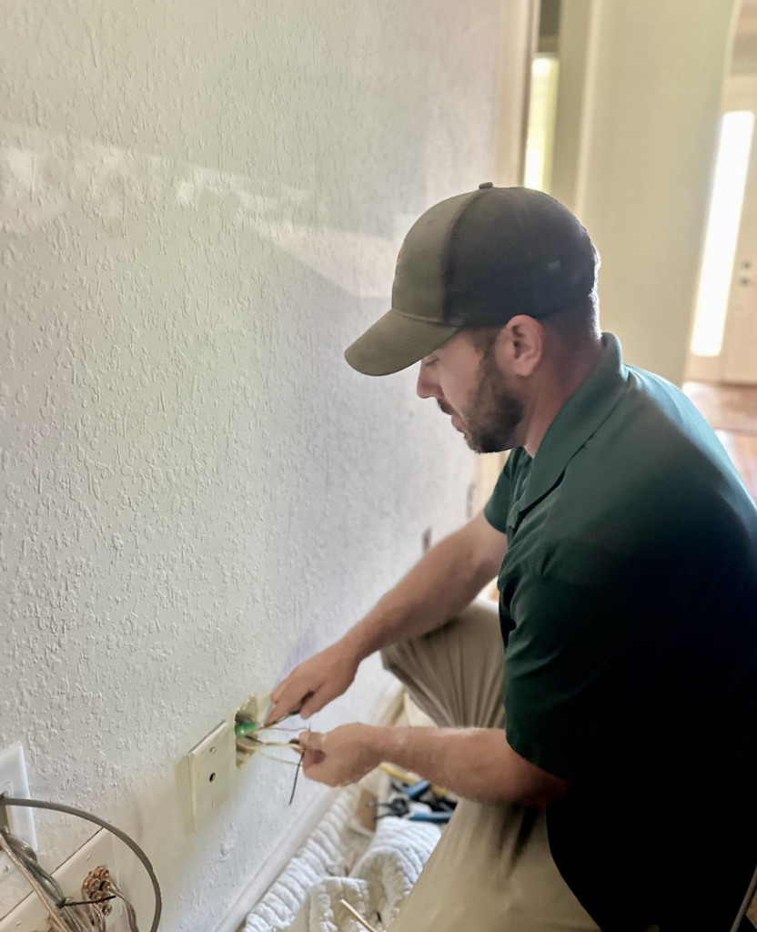 An electrician from Whitmer Electric installing an electrical outlet in a wall in Rogers, AR.