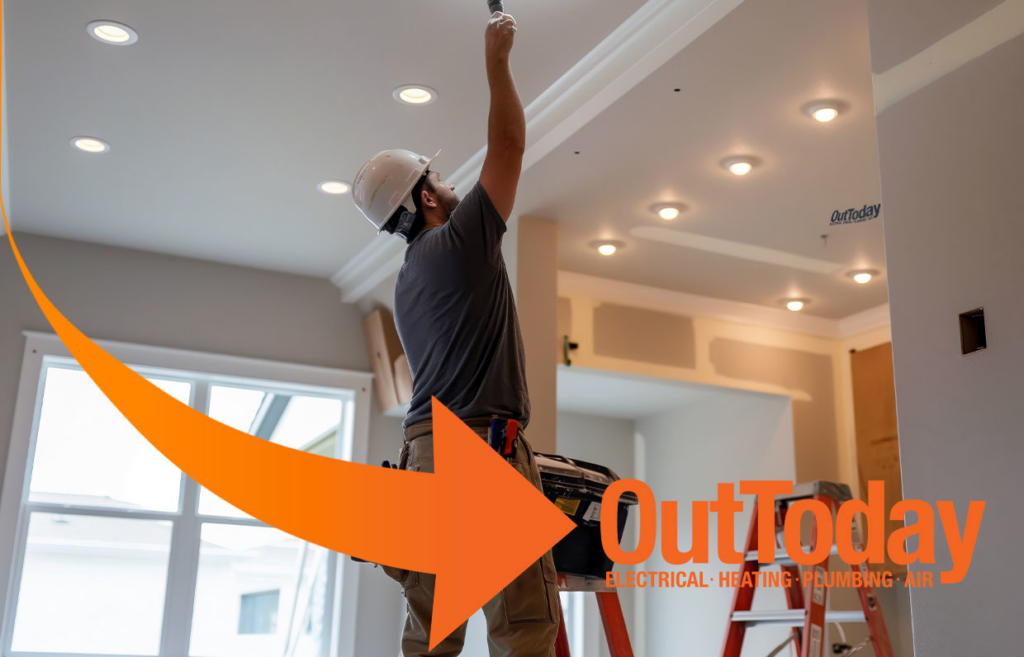 An electrician installing recessed lighting in a ceiling for OutToday Electrical, Heating, Plumbing, and Air in Bellevue, WA