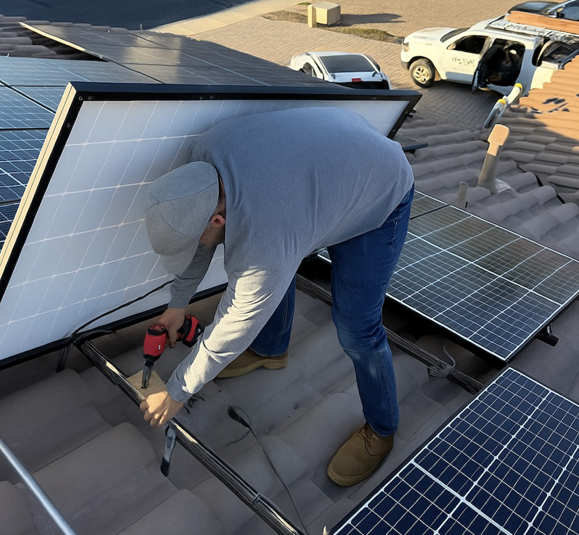 An electrician installing solar panels on a residential roof in Phoenix, AZ, for Modern Day Energy