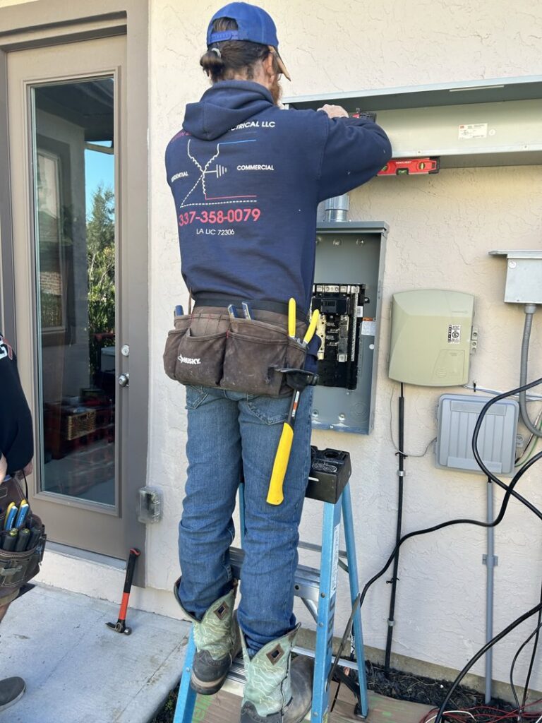 An electrician on a ladder working on an outdoor electrical panel for Justin Benevage Electrical, LLC in Lake Charles, LA