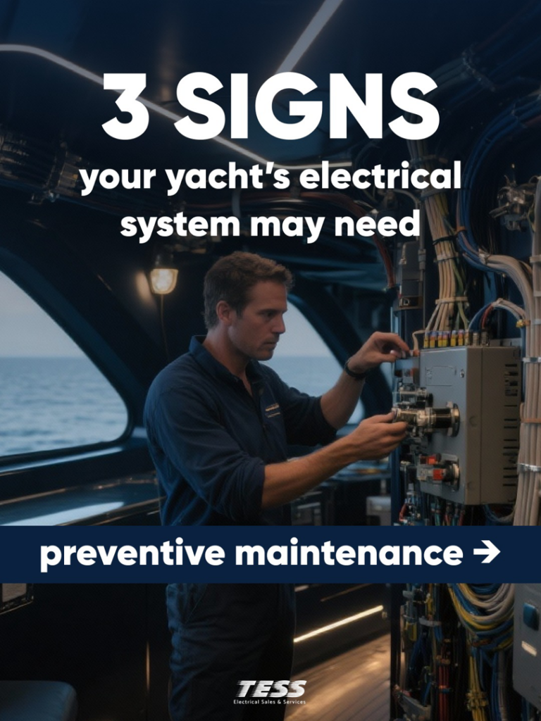 An electrician performing preventive maintenance on a yacht's electrical system for Tess Electrical Sales and Service in Fort Lauderdale, FL.