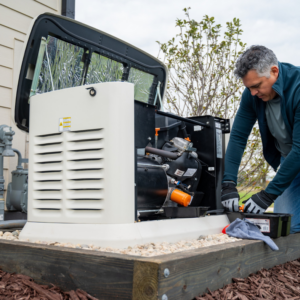 An electrician servicing an open Generac standby generator for Great Northern Power in Kalispell, MT.