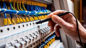 An electrician using a multimeter to test connections within an electrical panel, ensuring safety and functionality for Devaney Electric Co. in Lacey, WA.