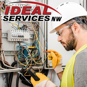 An electrician from Ideal Services NW in Fife, WA, testing an electrical panel with a multimeter.