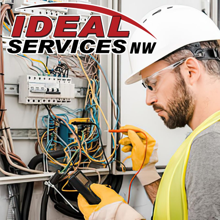 An electrician from Ideal Services NW in Fife, WA, testing an electrical panel with a multimeter.
