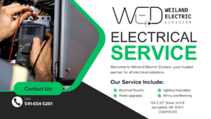 An electrician uses a multimeter to test an electrical panel, demonstrating service from Weiland Electric Division in Eugene, OR.