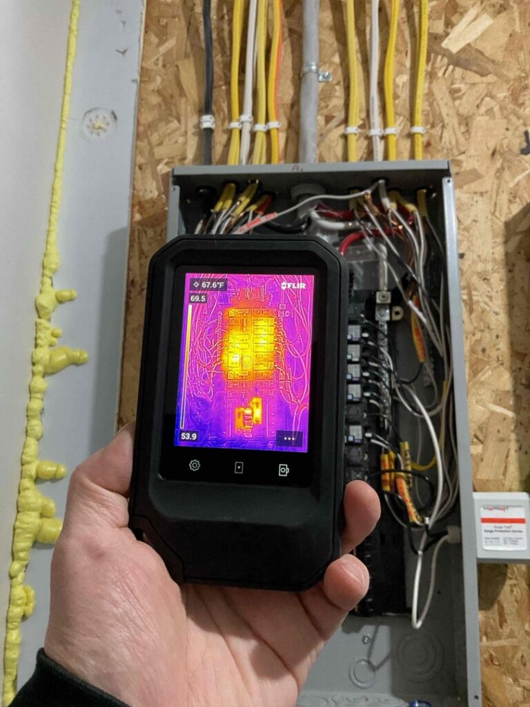 An electrician performing a thermal scan on an electrical panel for LeBrun Electric, Heating & Cooling in Brooklyn Park, MN.