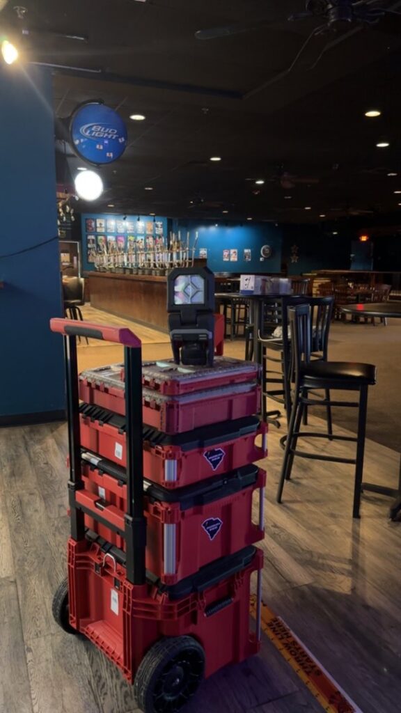 Electrician's toolboxes and work light on a commercial job site by Geter Electrical Services LLC in Fountain Inn, SC.