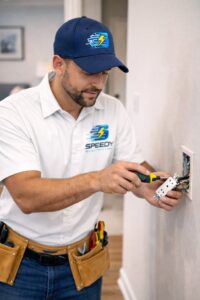 An electrician from Detroit Speedy Electrician wiring an electrical outlet in Detroit, MI.