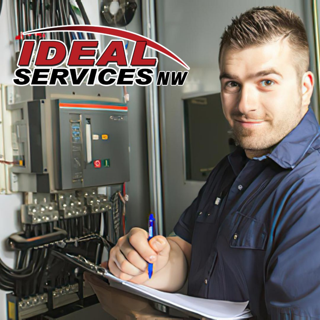An Ideal Services NW electrician in Fife, WA, smiling with a clipboard in front of an electrical panel.