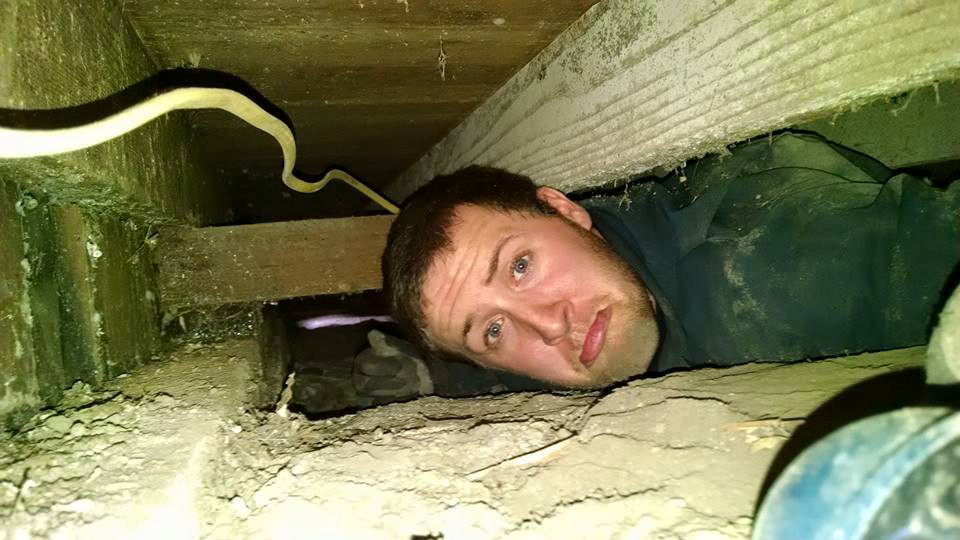 An electrician working in a tight crawl space under a house for Kavanagh Electric in Fresno, CA.