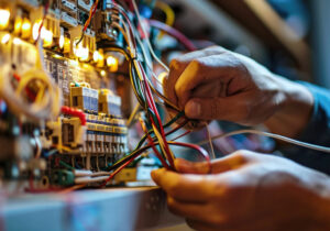 Close-up of an electrician's hands working on complex electrical wiring inside a control panel for APEX Electrical Design in Fort Worth, TX