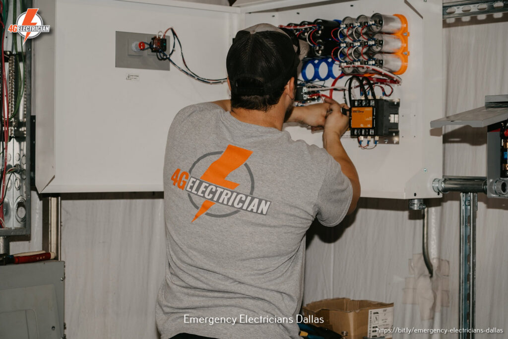 An electrician from 4G Electrician performing work on an electrical control panel in Dallas, TX