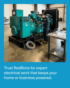 An electrician working on a large industrial generator for Redbone Electrical Contractors in Oklahoma City, OK.