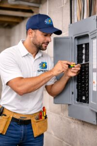An electrician from Detroit Speedy Electrician working on an electrical panel in Detroit, MI.