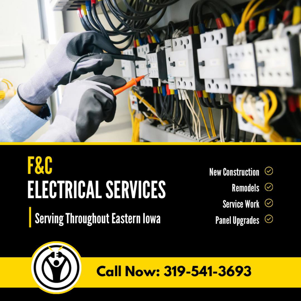 An electrician working on an electrical panel with a multimeter at F&C Electrical Services LLC in Iowa City, IA.